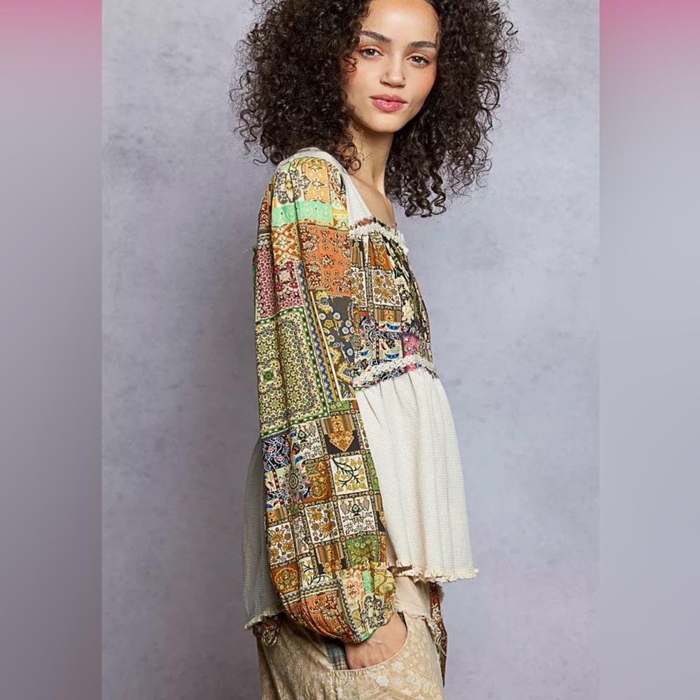 🌸POL L Bohemian Patchwork Long Sleeve Top P004 - Picture 4 of 11